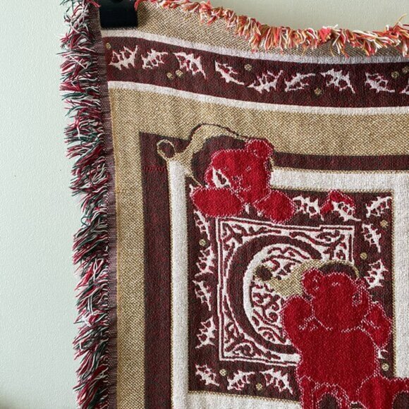 Vintage Woven Fringed Noel Christmas Themed 32 inch x 43 inch Tapestry Throw Bla - Picture 6 of 9